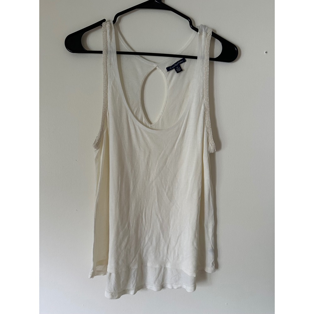 Y2K American Eagle Tank Top Womens Cream Beaded Keyhole Back coquette balletcore